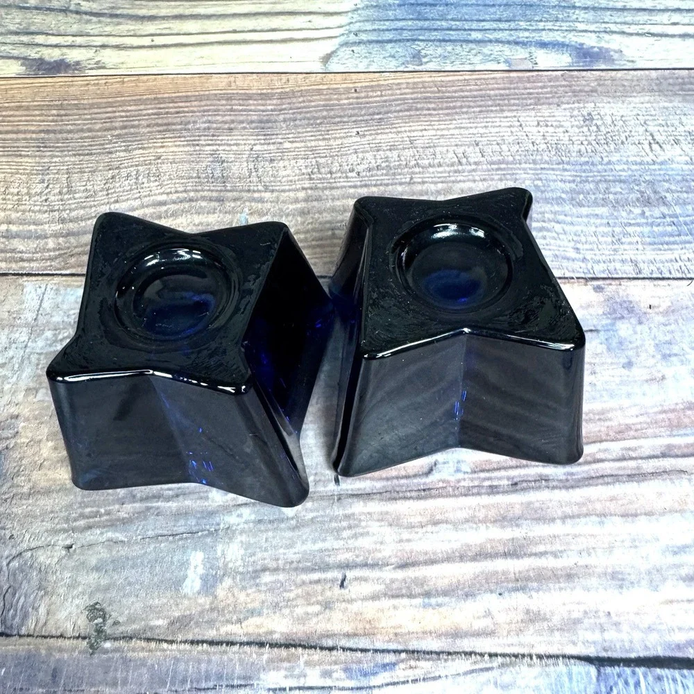 Viking Glass Bluenique Cobalt Blue ASTRA Four-Pointed Candle Holder Pair Set MCM